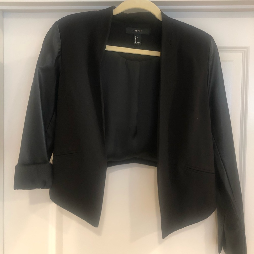 Black faux leather/rayon blazer jacket